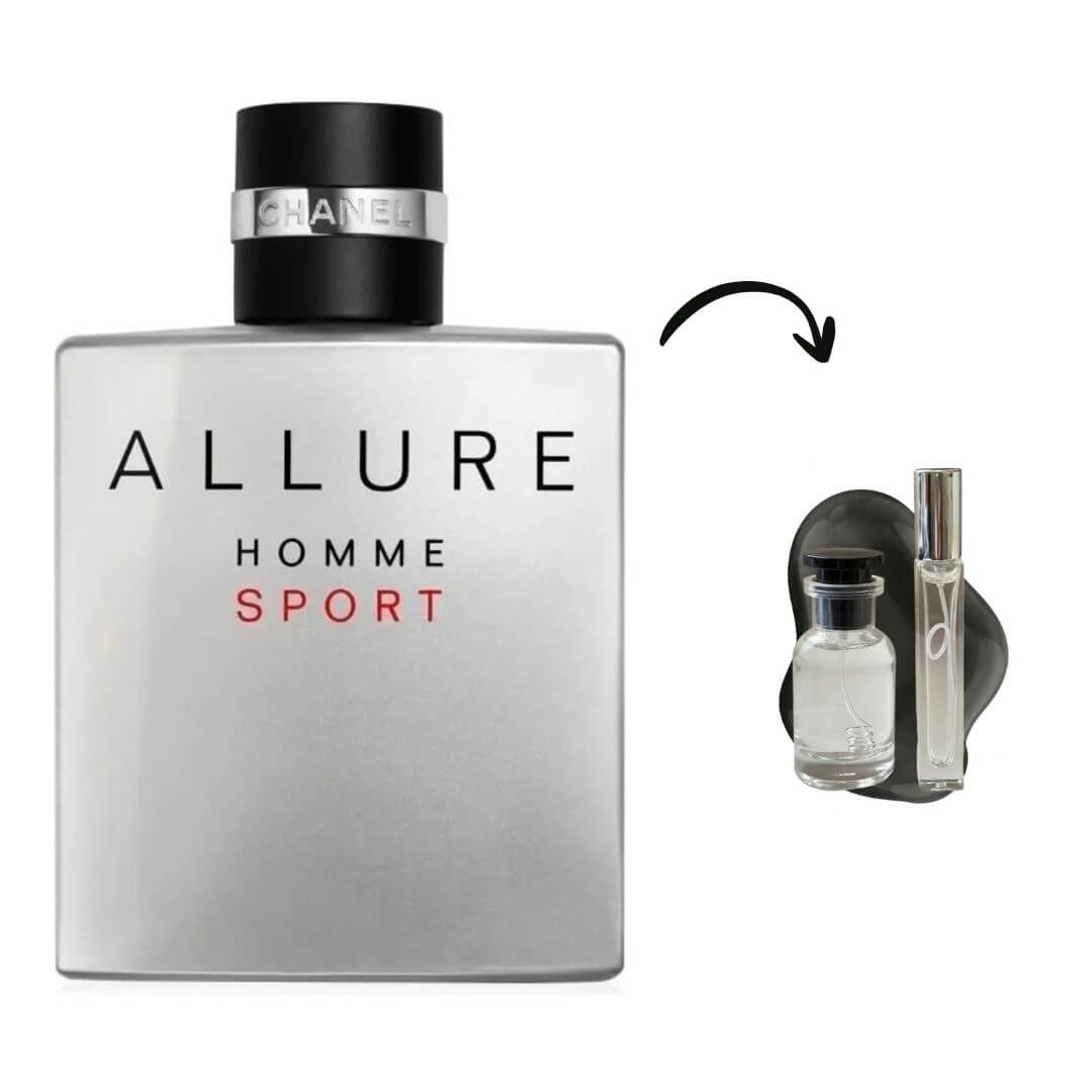Decant de vidro do perfume masculino Chanel Allure Homme Sport Eau de Toilette original fracionado pela Aura Parfum.